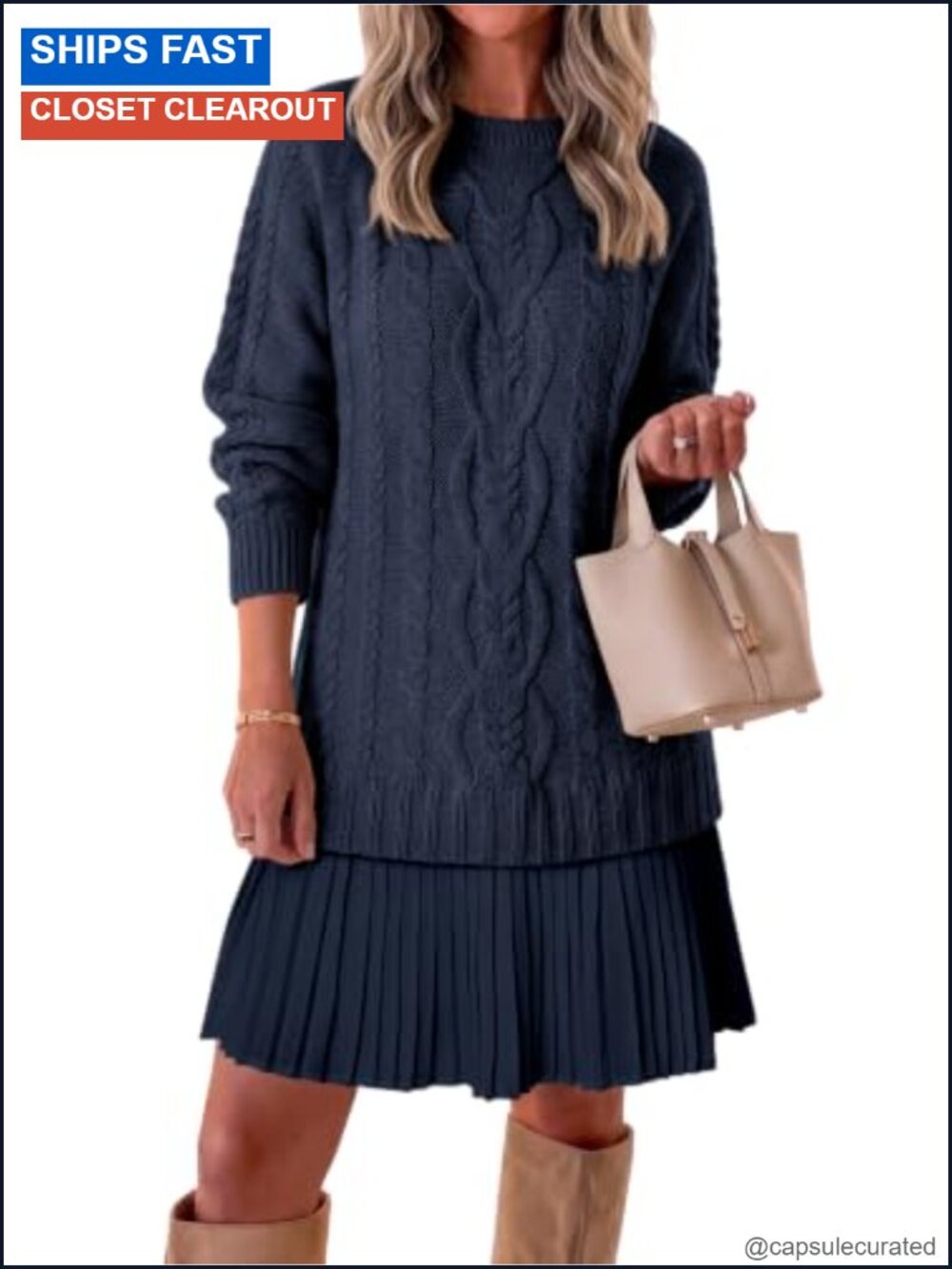 Cable Knit Sweater Dress Patchwork Pleated Long Sleeve Crewneck Mini